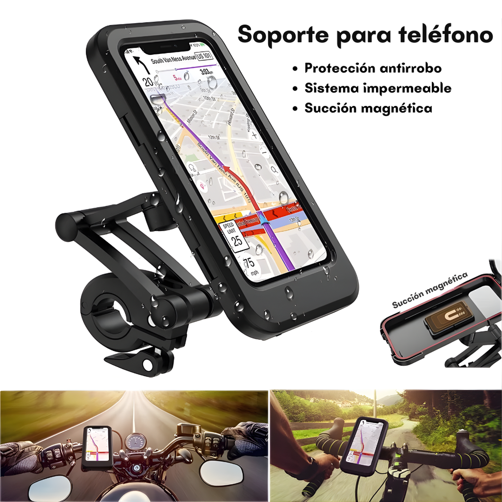 Soporte de celular impermeable con sistema antirrobo (imantado) para moto